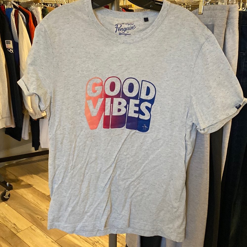 Men’s Original Penguin T Shirt / Size L / Good Vibes / Gray with color specks